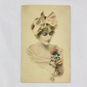 VTG Postcard Victorian Edwardian Woman Large hair bow, holding rose UNUSED - Picture 1 of 3