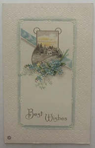 Antique Embossed Postcard Best Wishes Floral Forget-Me-Nots Farm Scene - Picture 1 of 2