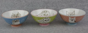 Set 3 Jewel Owl Theme Rice Bowls Japan Ceramic Peach Green Blue Stack FREE SHIP - Picture 1 of 9