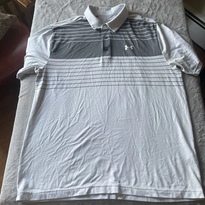MENS UNDER ARMOUR SHORT SLEEVE GRAY/WHITE STRIPED PLAYOFF POLO SHIRT SIZE XL - Picture 1 of 6