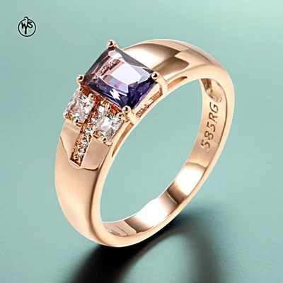 Ring Vergoldet Rosegold Gold 585 Rolled mit quadratischem violettem Zirkonia - Bild 1 von 4