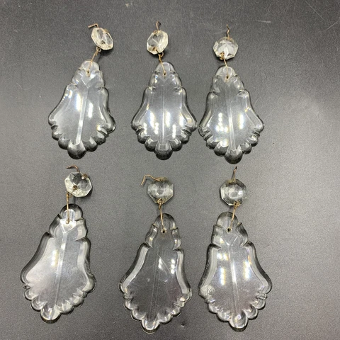 Vintage Lot 6 Crystal Glass French Flat  Pendalogue Chandelier Prisms 4” Long Cover