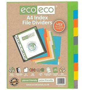 A4 10 Part File Dividers Extra Wide Index Plastic Asst Colour Tabs 50% Recycled - Picture 1 of 3