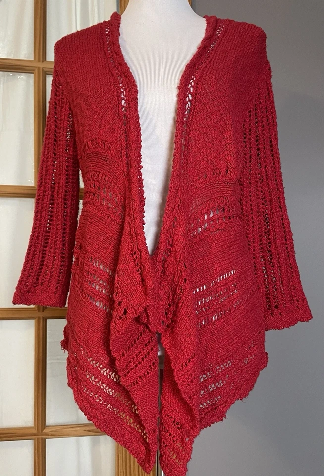 Rafaella Open Front Cardigan Women’s PL Red Cable Knit Drape Peasant Lagenlook - Image 1 of 4