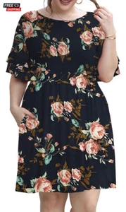 Women’s Summer Plus Size Dress Short Sleeve Casual Pleated Dresses Pockets L-4XL - Picture 1 of 6