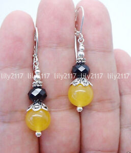 Natural 6&10mm Yellow Topaz Black Crystal Round Gems Beads Silver Dangle Earring