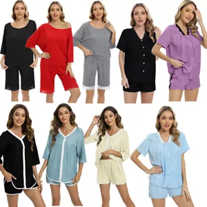 2pcs/Set Women's Short Sleeve Pyjamas Shirt + Shorts Sleepwear Summer Night PJS - Picture 1 of 30