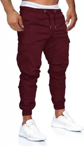 Men's Cargo Joggers Sweatpants Casual Pants Slim Fit Chino Trousers X-Large Wine - Picture 1 of 2