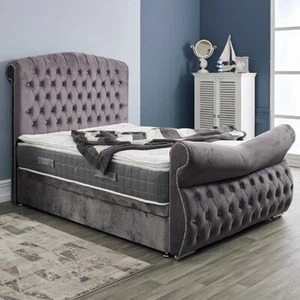 Luxury Sleigh Bed Plush Velvet Gas Lift Majestic Chesterfield Double & King Size - Picture 1 of 13