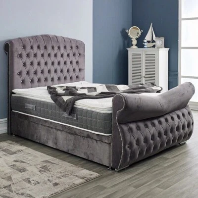 Luxury Sleigh Bed Plush Velvet Gas Lift Majestic Chesterfield Double & King Size - Image 1 of 4