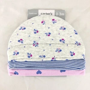 Carters Baby Girls Caps 3 Pack Floral Stripes Hearts Gray Pink Purple 0-3 Months - Picture 1 of 2