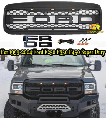 Para 1999-2004 Ford F250 F350 Super Duty Grill Raptor Style Grill com letra e LED - Imagem 1 de 4