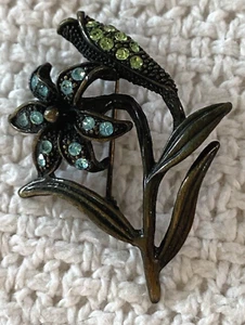 Vintage Flower Brooch With Blue And Green Rhinestones - Picture 1 of 17