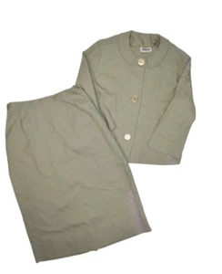 Vintage Skirt Suit Womens M Green Jacket Set 60s Mod Midi Collared Big Button - Picture 1 of 16