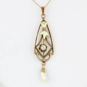 Antique Art Nouveau 10K Gold Enamel Diamond Pearl Pendant c.1905 Floral Drop - Picture 1 of 6