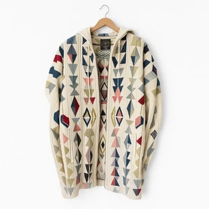 Johnny Was Caci Knit Embroidered Geometric Print Hooded Poncho Cream/Blue M NWT - Picture 1 of 12