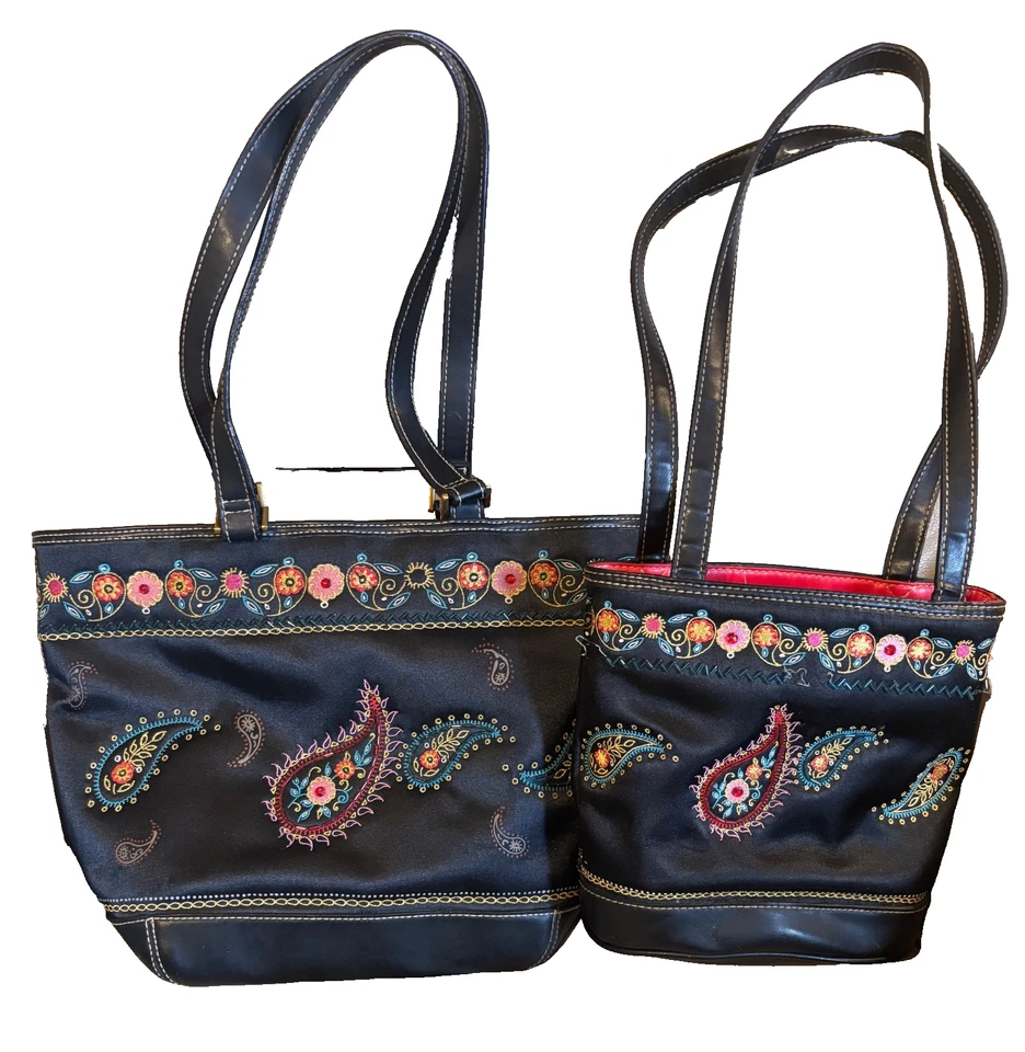 2 - BOLSOS CUBO LIZ CLAIBORNE DE CUERO FUX BORDADOS AÑOS 80, mini negros y medianos Foto 1 de 4