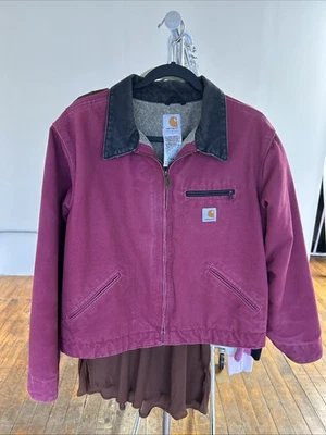 Винтажный Carhartt женщин WJ097 RBY Детройт Куртка Пальто шерпа с подкладкой размер L рубиновая роза - Изображение 1 из 4