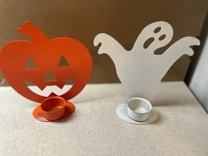 Flat Metal Jack-O-Lantern & Ghost Votive Candle Holders - Lot of 2 - Picture 1 of 10
