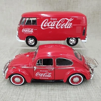 1:24 Diecast Red 1963 Volkswagen Coca-Cola Delivery van & Red 1966 VW Beetle - Image 1 of 4