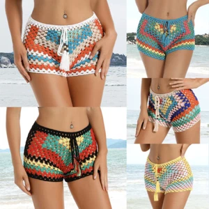 Pantalones cortos de ganchillo a mano tejido multicolor arco iris para mujer ropa de playa de baño pantalones calientes - Imagen 1 de 13