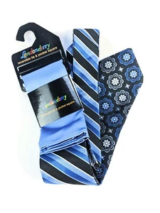 Cravatta Londonderry da uomo reversibile e tascabile blu a righe e blu navy floreale nuova con etichette - Foto 1 di 7