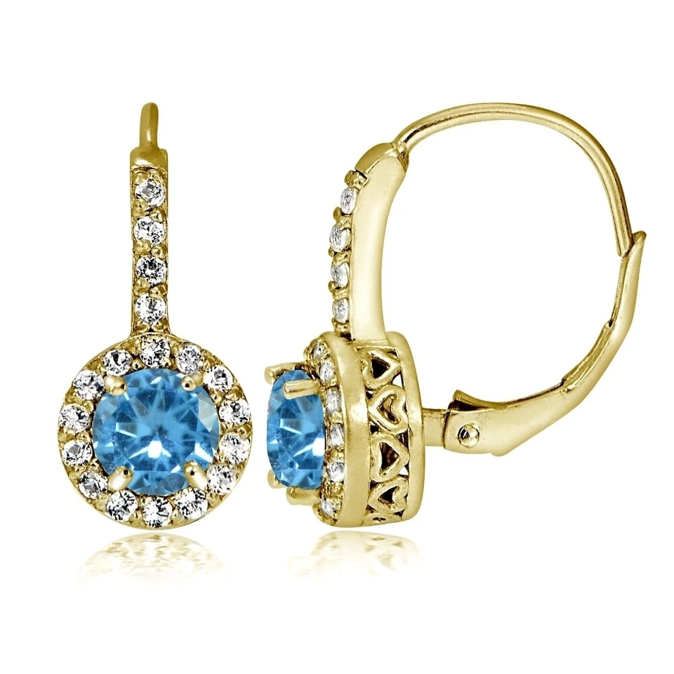 Gold Tone over Silver Simulated Blue Topaz Round & CZ Accents Leverback Earrings - Image 1 of 1