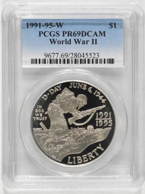 1991-1995-W (1993) World War II Silver Dollar $1 WWII PCGS PR69DCAM 28045523 - Image 1 of 4