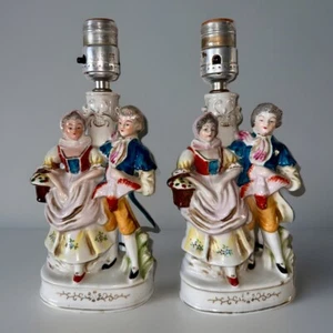 Victorian Pair Boudoir Ceramic Table Lamps Occupied Japan with Pheasant & Basket - Picture 1 of 8