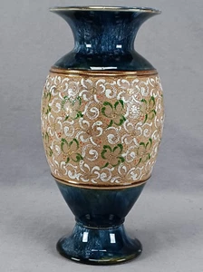 Antique Doulton & Slaters Patent Red Green & White Floral Beige & Blue Vase - Picture 1 of 10