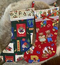 Pair Of Vintage Cotton Christmas Stockings Teddy Bears Hearts Approx 14 Long EUC