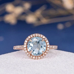Aquamarine Diamond Anniversary Band Engagement Ring 14k Gold Fine Jewelry - Picture 1 of 7