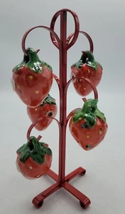 Vintage 5 Individual Hanging Strawberry Salt Pepper Shakers RED Stand Spice Rack - Picture 1 of 11