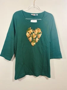 Quacker Factory 1X Green Long Sleeve Stretch Tunic Top Embroidered Gold Leaves - Picture 1 of 10