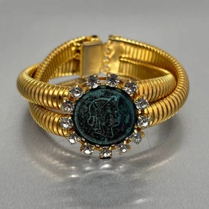 Signed SHARRA PAGANO Tubogas FAUX ANCIENT COIN Crystal Bracelet Italy Couture - Picture 1 of 5
