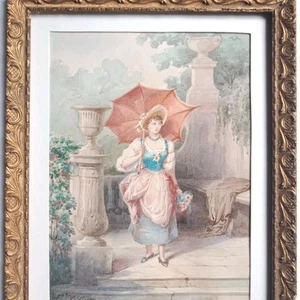 Femme à l' Ombrelle dans un Parc Aquarelle fin 19e Signée Cadre - Picture 1 of 20