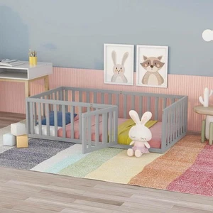 Harper and Bright Designs Gray Twin Size Wood Floor Bed Platform Bed with Fence - Picture 1 of 8