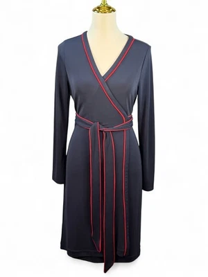 Vestido para mujer Ann Taylor azul marino envolvente rojo detalles de tubería Navelle talla pequeña 10P Foto 1 de 4