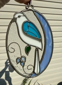 Vintage blau weiß Vogel Floral oval Buntglas Wand Fenster hängend Sonnenfänger - Bild 1 von 4