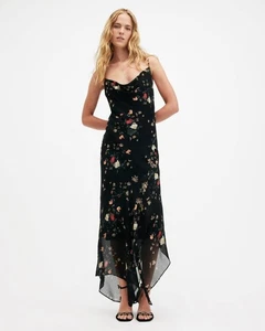 NEU AllSaints Charlotte schwarz Blumen Slip Kleid Taschentuchsaum Gr. 10 Neu mit Etikett $ 329 - Bild 1 von 17