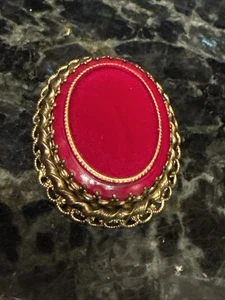 Vntg Signed W Germany RED Glass Brass Filigree Dome Flat Top Brooch Pin Pendant - Picture 1 of 8