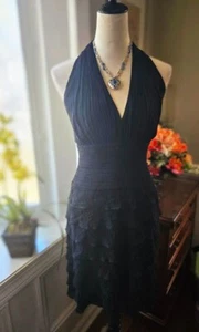 Tadashi Shoji Silk Pleated Halter Dress Black Chiffon Tiered Ruffle-US 8P/UK 10P - Picture 1 of 6