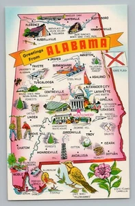 Mapa de la ciudad estatal de Greetings Alabama AL atracciones multi-vista postal cromada años 50 - Imagen 1 de 2