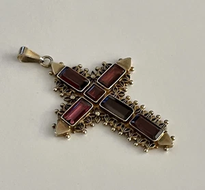 Vintage Facetten inkl. Granat-Rhodolith filigran Kreuz Anhänger 2” x 1,5” Gold Vermeil - Bild 1 von 2