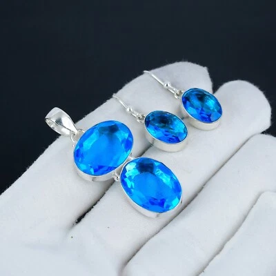 Topazio Blu Gemma 925 Pendente Argento Sterling E Orecchini Gioielli Set per Lei - Immagine 1 di 4
