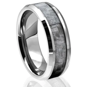 Tungsten Carbide Grey Carbon Fiber Ring Mens Engagement Wedding Band Silver NEW - Picture 1 of 25
