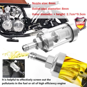 8mm Glas Kraftstoff Filter Benzin Diesel Inline Aluminium Universal Motor Chrom - Picture 1 of 8
