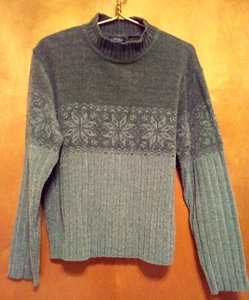 SONOMA Chenille Ribbed Sweater M Green Fair Isle Fall Winter Snowflake Mock Neck - Picture 1 of 4