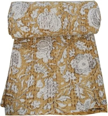 Indian Hand Block Kantha Quilt Cotton Bedspread King Size Blanket Bedding Throw - Image 1 of 4