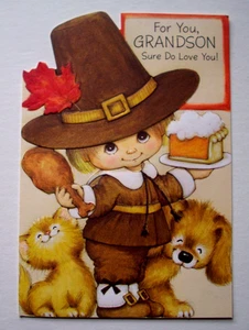 Pilgrim boy w puppy kitty Morehead?  vintage Thanksgiving  greeting card *XX11 - Picture 1 of 3
